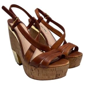Miu Miu Crisscross Brown Leather Cork Wedge Platforms Gold Heel